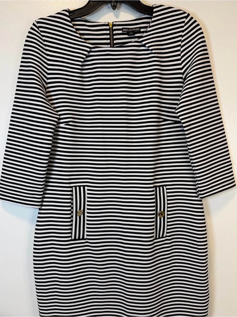 Nina Leonard horizontal‎ stripe midi dress black & white boat neck Women’s Large